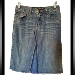 Express Blue Denim Maxi Skirt with Raw Hem Rear Split Size 2 Y2K Casual